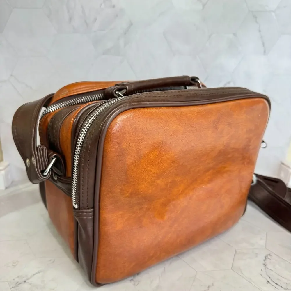 Vintage Camera Bag Two Tone Brown Shoulder Strap Taiwan ROC Retro 70s Synthetic